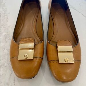 Tory Burch Cognac Leather Ballet Flats with Gold Plaque